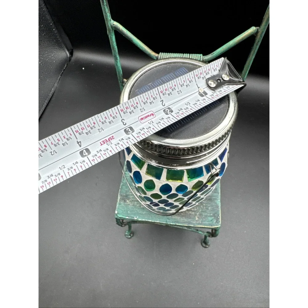 Solar Powered LED Light  Mason Glass Jar Mosaic Green Blue Coastal Cottagecore